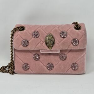 Kurt Geiger London Mini Kensington velvet jeweled crossbody bag in pale pink. 